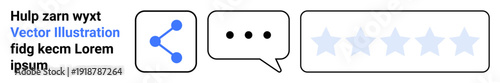 Social media interaction, digital engagement, user interface, content sharing, online communication, feedback tools. Network icon, speech bubble star rating system. Social media interaction