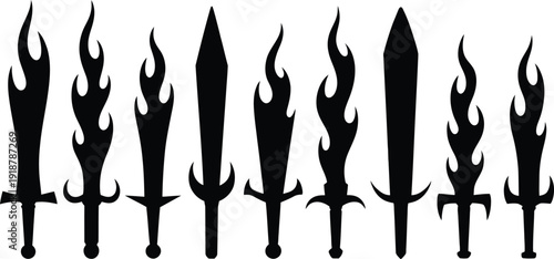 Collection of swords, some with fiery blade designs and others with sharp, classic forms, presented in a bold black silhouette against white.