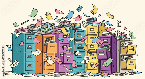 An illustration of numerous colorful filing cabinets overflowing with scattered papers, symbolizing disorganization and excessive bureaucracy.