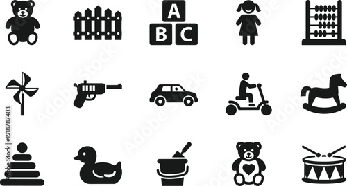 Children toys silhouette icons set, teddy bear blocks car scooter rocking horse and playground symbols vector