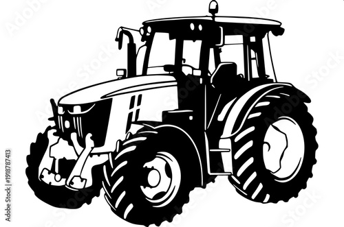 Farming tractor logo illustration, side view, solid black silhouette, simple clean vector