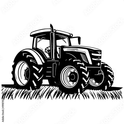 Farming tractor logo illustration, side view, solid black silhouette, simple clean vector