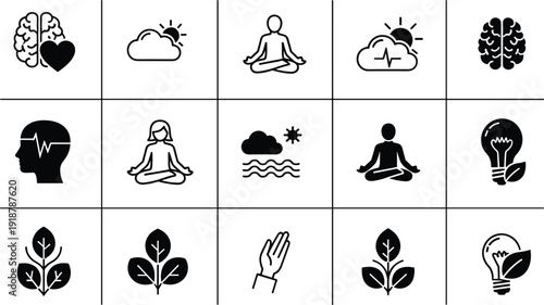 Mental Health and Wellness Icon Set Featuring Meditation Silhouettes Brain Health Yoga Poses Leaf Patterns and Nature Symbols for Mindfulness App Design