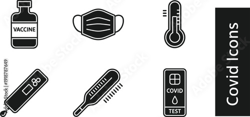 Professional Vector Collection of Covid Icons Featuring Vaccine Bottle Medical Face Mask Thermometers and Rapid Virus Test in Minimalist Flat Line Art Style