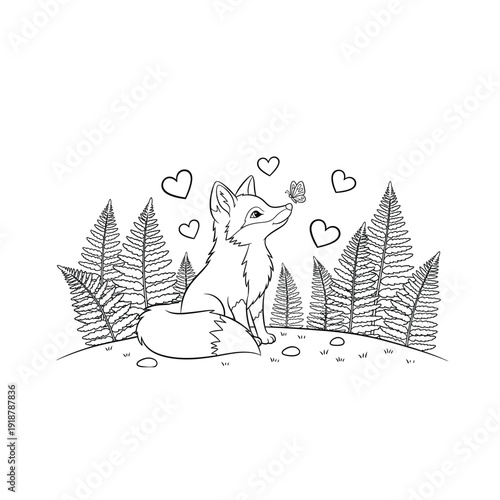 Sweet Fox and Butterfly in Fern Forest Coloring Page