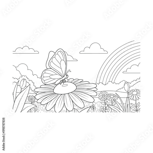 Magical Butterfly on Flower with Rainbow Coloring Page Illustration
