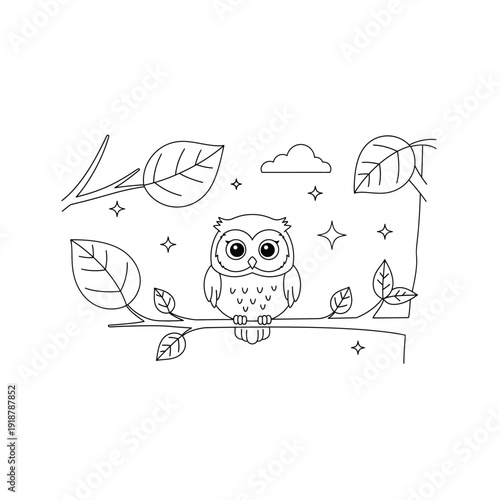 Wise Owl on Tree Branch with Leaves Coloring Page
