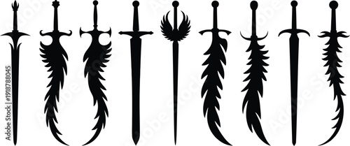 Set of unique swords with feather-like blades and decorative elements, presented as sharp black silhouettes on a clean white background.