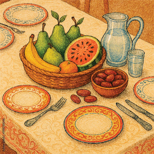  table design and decoration with fruits, dates and water in hand drawn design 