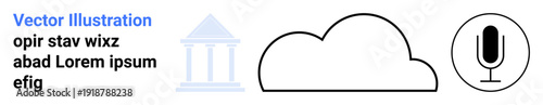 Cloud computing, voice recognition, legal services, audio technology, digital storage, civic information. A cloud, microphone and pillar symbol. Cloud computing and voice recognition concept