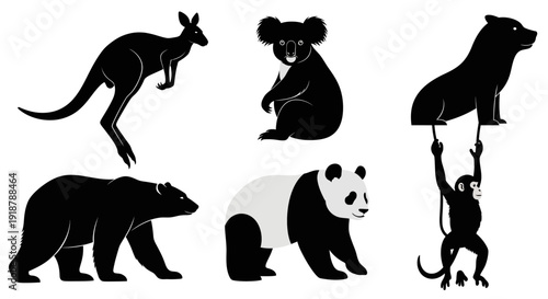Black Silhouette Icons of Wild Animals Kangaroo Koala Bear Panda Monkey Panther.