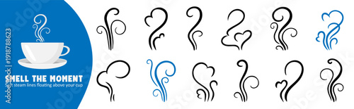 Hand drawn steam, smoke and aroma lines for coffee or tea cups. Warm doodle illustration set with flowing vapor symbols and cartoon swirl effects.