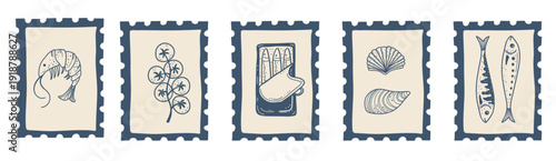 Vintage postage stamps inspired by Italian food markets and coastal atmosphere. Great for culinary branding and editorial design.