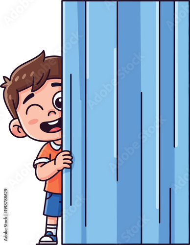 A young boy peeking around a blue wooden fence with a surprised expression.