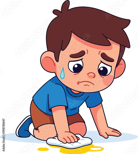 A young boy crying while kneeling on the floor with a spilled substance.
