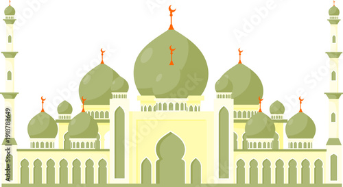 Green Mosque Illustration with Dome and Minarets, Islamic Architecture Flat Design