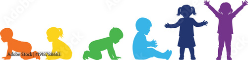 Child development icon silhouettes showing growth stages from crawling infant to standing toddler, colorful gradient design symbolizing milestones, progress, learning, growth