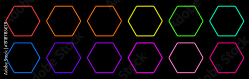 Modern neon hexagon buttons with bright LED glow and 3D light effect on dark background. Perfect UI elements for neon action call banners, buy now labels, casino apps and futuristic website interfaces
