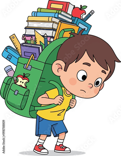 Young boy struggling to carry a heavy school backpack full of books and supplies.