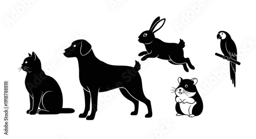 Black Silhouette Icons of Pets Including Cat Dog Rabbit Hamster and Parrot.