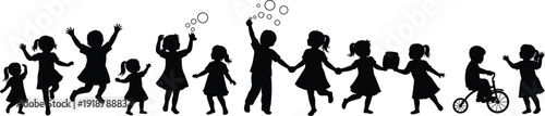Children icon silhouettes in playful activities, jumping, running, holding hands, blowing bubbles, carrying books, riding tricycle, symbolizing fun, joy, childhood
