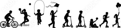 Children icon silhouettes in outdoor activities, riding bicycle, playing ball, jumping rope, flying kite, scooter, roller skating, balloons, joyful childhood fun