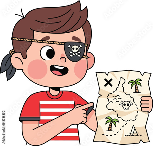 Cartoon boy dressed as pirate holding treasure map.
