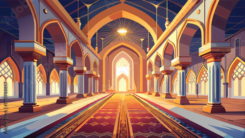 Grand Mosque Interior with Intricate Islamic Dome and Marble Columns