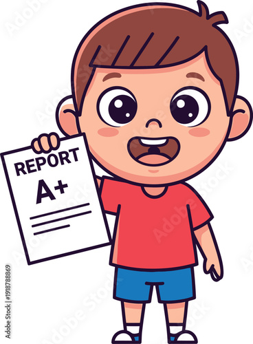 Happy cartoon boy holding a report card with excellent grade.