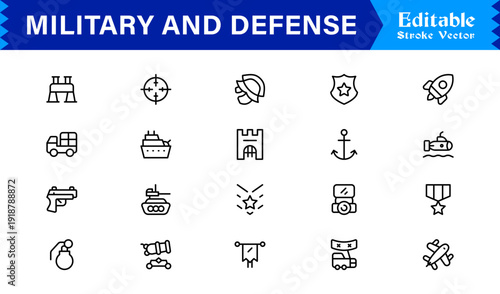 Military and Defense Line Icon Set: Professional, Modern, and Minimal Outline Symbols for Strategic Operations