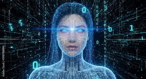 Futuristic digital interface portrays a stunning female artificial intelligence entity glowing with bright blue light amid cascading binary code streams representing cyberspace and big data processing