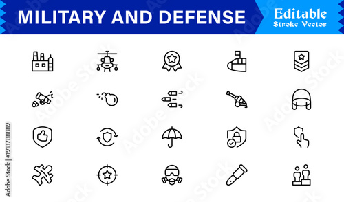 Military and Defense Line Icon Set: Professional, Modern, and Minimal Outline Symbols for Strategic Operations