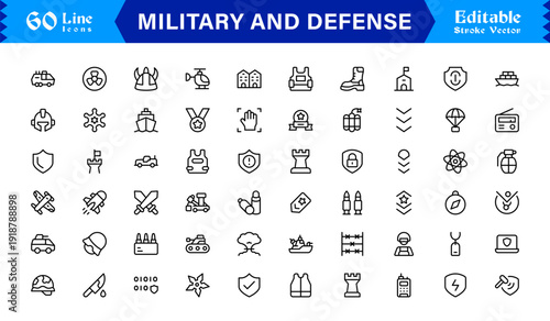 Military and Defense Line Icon Set: Professional, Modern, and Minimal Outline Symbols for Strategic Operations