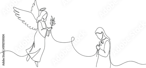 Angel Appearing to Mary Line Art Illustration Religious Christian Annunciation Scene with Halo Wings and Prayer Spiritual Biblical Vector Design