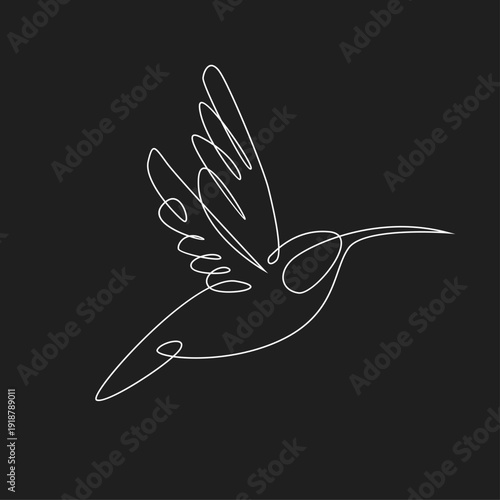 Continuous Line Art Drawing of a Flying Hummingbird on Dark Background