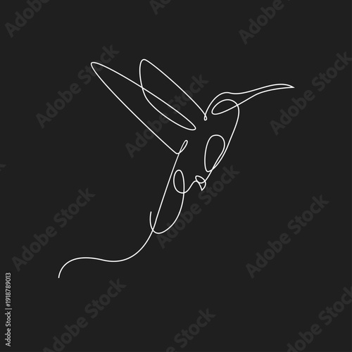 Minimalist One Line Art Drawing of a Hummingbird in Flight on a Black Background