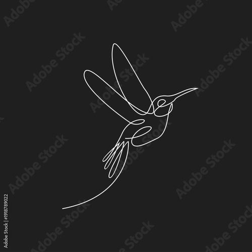 Continuous Line Art Hummingbird Flying Vector Illustration on Black Background