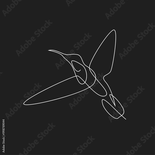 Minimalist one line art drawing of a flying hummingbird, elegant continuous line bird illustration on a black background.