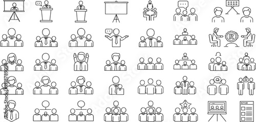 Business Meeting and Teamwork Line Icon Set with Presentation Conference Leadership Training and Corporate Communication Outline Vector Illustration Collection