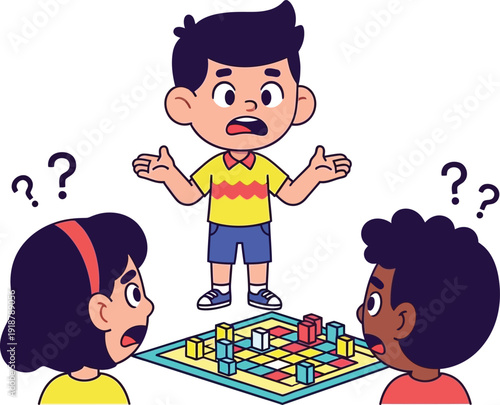 Young boy confused while playing a board game with friends.