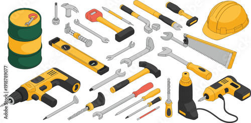 Construction tools set with hammer drill wrench screwdriver safety helmet isolated on white background industrial maintenance equipment workshop illustration concept