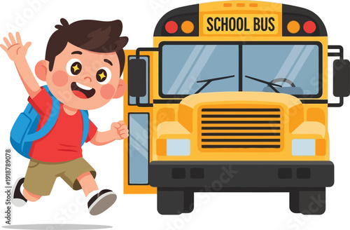 Happy schoolboy running towards a yellow school bus.