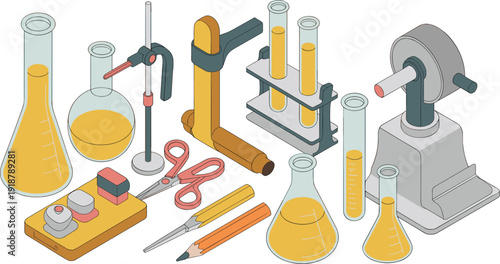 Isometric laboratory equipment vector illustration chemistry glassware research tools set with flasks test tubes instruments isolated white background clean design