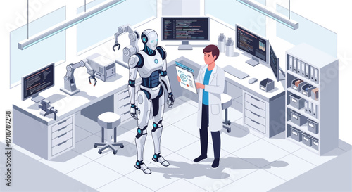 A scientist in a modern laboratory examining a humanoid robot, surrounded by advanced computing equipment and robotic arms, illustrating AI and automation research.