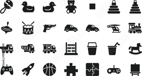 Children toys silhouette vector illustration, collection of play items including cars, teddy, rocking horse, puzzles, rattle and game controller design