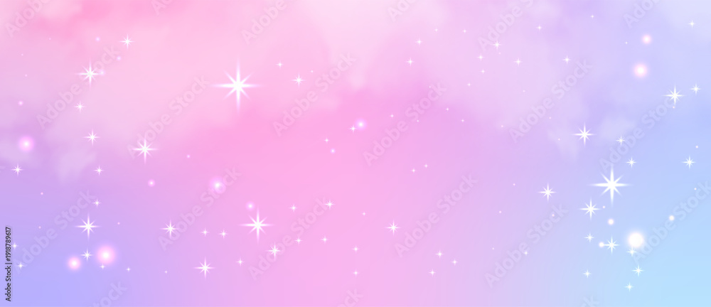 Fototapeta premium Soft pastel pink lavender gradient sky with clouds, sparkling star lights and glowing bokeh blur, abstract fantasy backdrop filled with dream pink glitter sparkle.