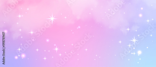 Soft pastel pink lavender gradient sky with clouds, sparkling star lights and glowing bokeh blur, abstract fantasy backdrop filled with dream pink glitter sparkle.