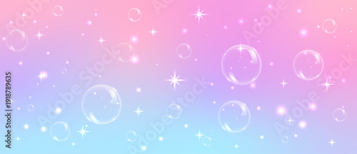 Magical pink and lilac gradient with transparent bubbles, sparkling stars and soft bokeh glow, dreamy fairytale backdrop with dream pink glitter atmosphere.