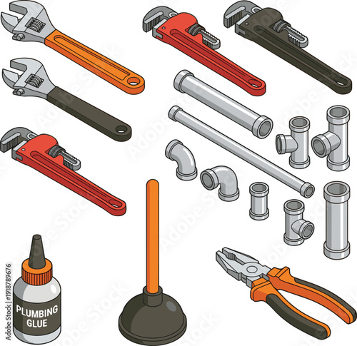 Plumbing tools and pipe fittings collection, adjustable wrench, pipe wrench, plunger, PVC connectors, home repair equipment illustration