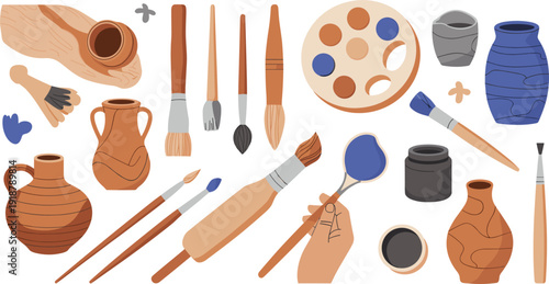 Pottery tools and ceramic making illustration, clay vases, brushes, palette, hands crafting pottery, handmade ceramics, artisan workshop elements, isolated set